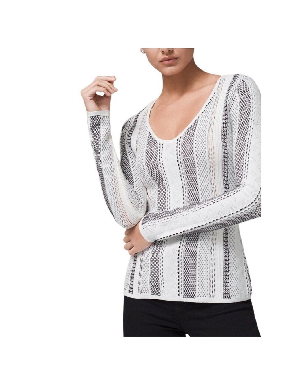 WHBM Striped Open Knit V-Neck Sweater - White & Black